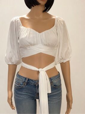 Edite. Mode XS White Off Shoulder Tie up Ruffle Crop Top  (0257)